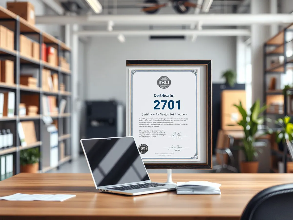 ISO 27001认证证书展示在办公室墙面上，体现信息安全管理体系认证